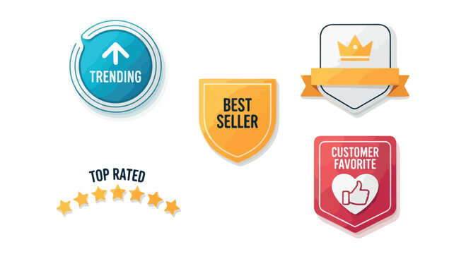 Modern e-commerce marketing badges set, best seller and trending product labels, customer favorite and top rated icons for retail websites