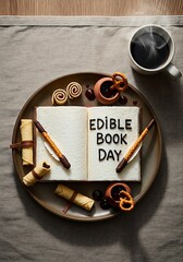 Naklejka premium Delicious edible book day dessert plate with coffee on table