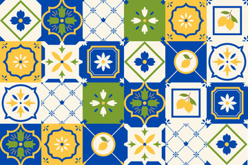 Mediterranean Amalfi tile, mosaic, vector colored ceramic tiles pattern, picture square with floral ornament and lemons © sabelskaya