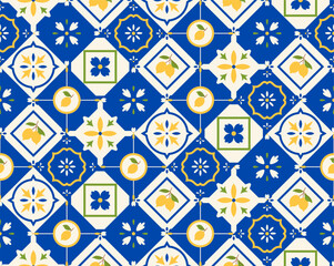 Naklejka premium Mediterranean Amalfi tile, mosaic, vector colored ceramic tiles seamless pattern, square with floral ornament and lemons