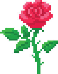 Naklejka premium Blooming red rose pixel art vector icon, retro 8 bit video game rose flower bud and leaves on stem with squared contour