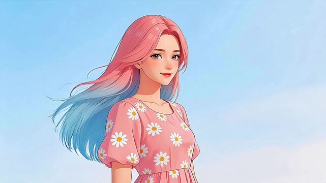 Anime girl with pink and blue hair