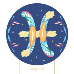 Modern magic witchcraft card with astrology cartoon Pisces zodiac sign. Flat design. Vector illustration © annbozhko