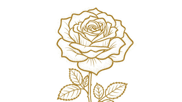 Detailed gold line art drawing of a single rose flower with petals and leaves on a stem centered on a white background for elegant floral decoration.