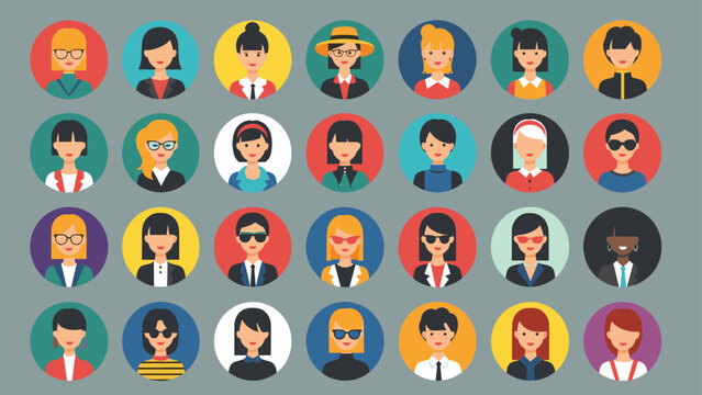 Large grid of diverse female avatar icons in colorful circles depicting women with different professions hairstyles and skin tones for web profile icons.