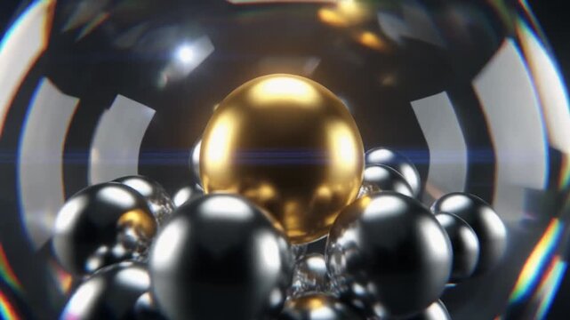 Luxurious 3d render of a shiny chrome sphere and golden crystal marbles on an abstract blue background for a celebratory holiday decoration