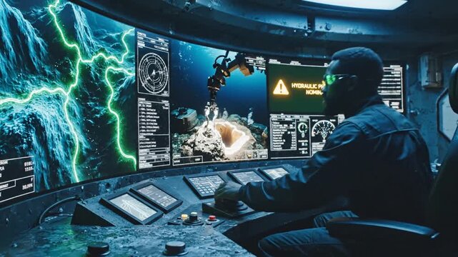 Man operating deep sea exploration control panel in futuristic room