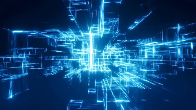 Bright Blue Virtual Corridor Filled With Pulsating Grid Lines And Futuristic Circuit Patterns