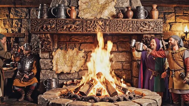 Medieval men drinking beer by fireplace in stone tavern