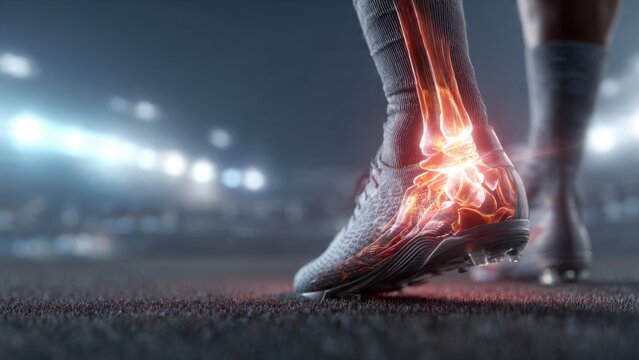 Athlete's foot with a glowing injured ankle bone, sports shoe on a field. Concept Of Sports Injury, Ankle Pain, Football Trauma, Health Care.