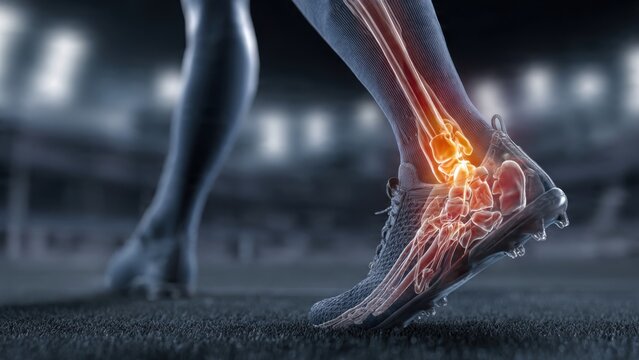 Athlete's foot steps with illuminated ankle bones, in a sports shoe. Concept of sport injury, human anatomy, pain, and health care.
