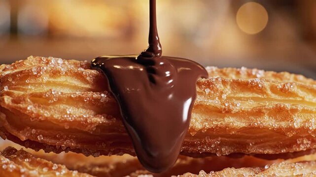 Melted chocolate drizzled onto a sugar-coated churro dessert
