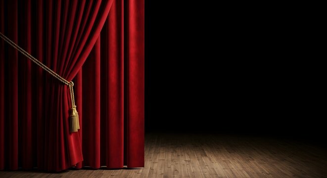 A dramatic sweep of crimson velvet held by a golden cord reveals a dark, empty stage, serving as a powerful metaphor for the unveiling of truth and the transition into a new chapter