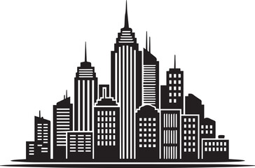 Fototapeta premium A minimalist black and white silhouette illustration of a modern metropolitan city skyline featuring tall iconic buildings isolated on transparent background