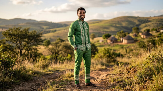 Male model standing outdoors wearing green Shweshwe traditional shirt and trousers, Shweshwe textile, african fabric, heritage textile