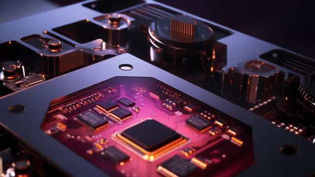 Processor chip with glowing circuitry integrating advanced technology and hardware, enabling complex computations and driving artificial intelligence concepts for future innovations