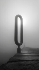 Fototapeta premium Giant metallic paper clip emerging from dense fog near misty pier with dramatic backlighting