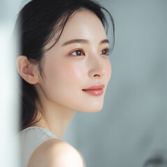 Fototapeta premium ツヤと透明感のあるきれいな肌の日本人女性のビューティポートレート