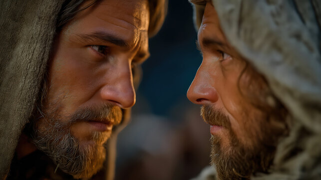 Judas betraying Jesus with a kiss in the Garden of Gethsemane at night, tense and dramatic biblical scene filled with emotion and impending tragedy