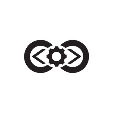 Software engineering infinity symbol with gear and code brackets representing devops process design