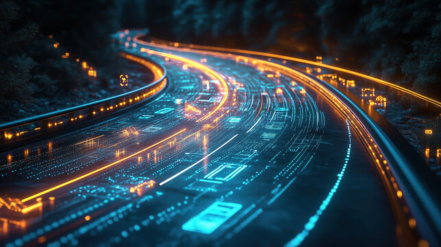 modern highway curve with digital hologram location symbols, technology driven strategy concept, futuristic business mood