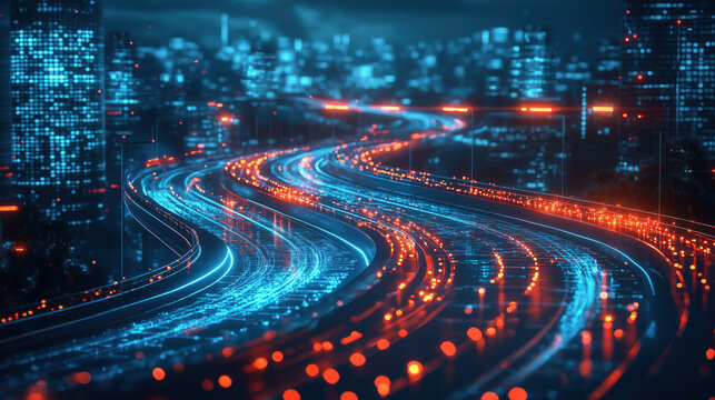modern highway curve with digital hologram location symbols, technology driven strategy concept, futuristic business mood