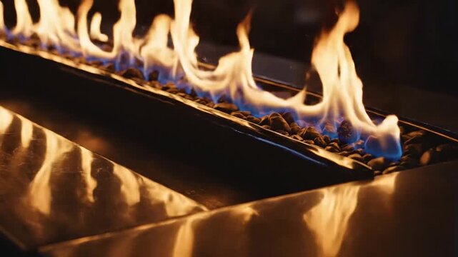 Modern gas fire pit with burning flames and decorative stones