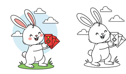 Fototapeta premium Cute Cartoon White Rabbit Holding Red Envelopes for Lunar New Year Celebration, Happy Bunny Illustration