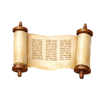 A watercolor illustration of an open Torah scroll, featuring an ancient parchment manuscript with wooden rollers and Hebrew text isolated on a transparent background.