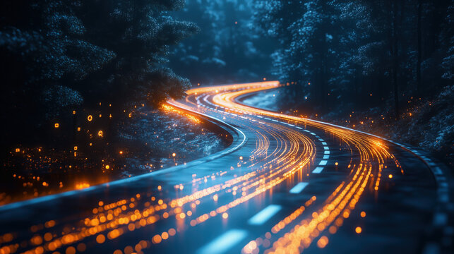 modern highway curve with digital hologram location symbols, technology driven strategy concept, futuristic business mood