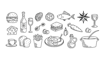 A black and white line art illustration of French and Italian food items arranged horizontally