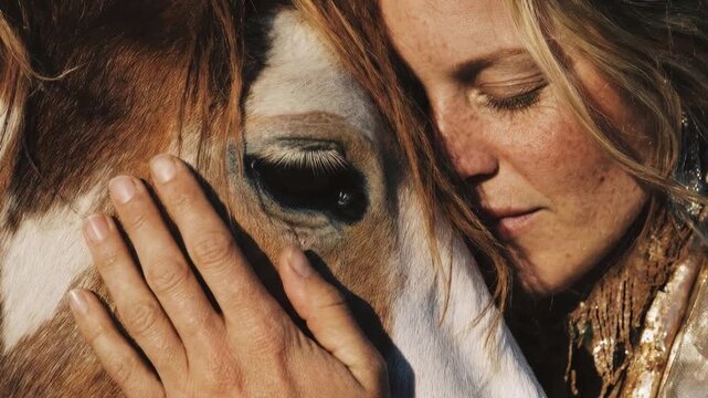 Gentle child strokes muzzle of calm horse in warm sunlight conveying empathy trust friendship between humans and animals in peaceful rural setting