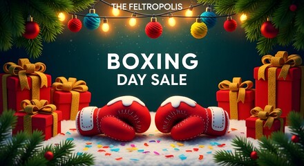A festive holiday advertisement for a Boxing Day sale with gifts and boxing gloves
