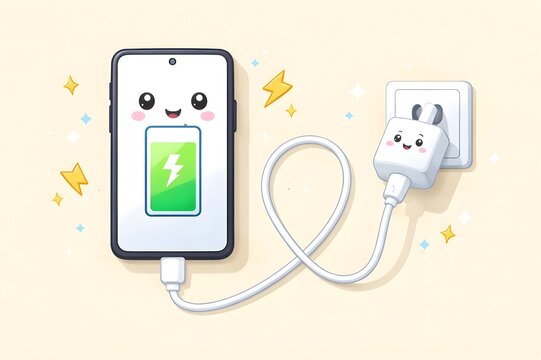 Cute Cartoon Smartphone Charging Illustration with Happy Cable