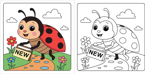 Cute cartoon ladybug carrying a NEW sign vector illustration. Happy ladybird character walking on a garden path with flowers for announcement, sale, or spring design. © MstSangita