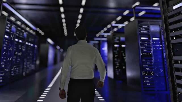 Businessman Walking Through Server Room and Snapping Fingers Creating Digital Symbols