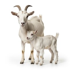 Fototapeta premium White and Brown Goat with Small Kid Standing on White Background