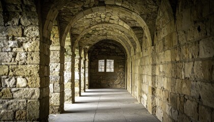 Obraz premium Stone arched hallway interior with window light in medieval architecture showcasing corridor perspective and stonework detail