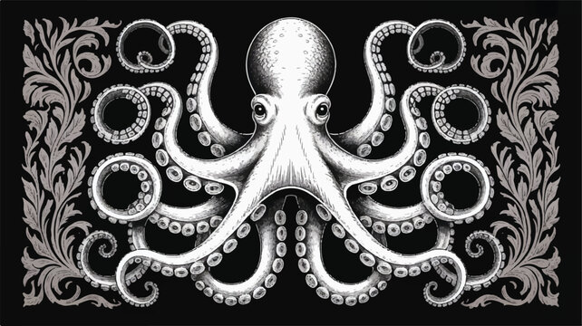 An octopus illustration with curled tentacles in a decorative floral border design
