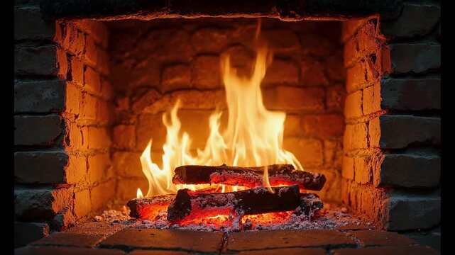 Burning wood logs glowing with warm flames inside a cozy fireplace at home