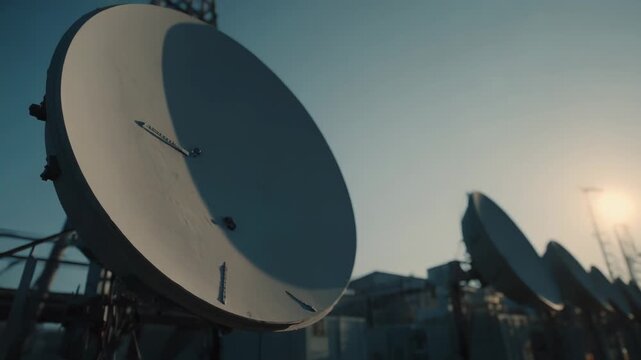 Telecommunication network dishes array capturing signals against a clear sky, powering global connectivity and digital infrastructure for modern communication