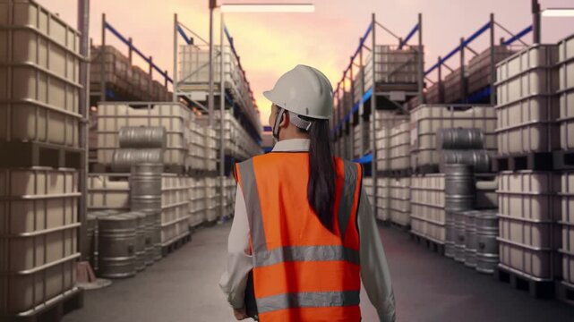 Back of Asian Female Engineer Holding Tablet While Walking at Warehouse with Stacked Chemical IBC Containers and Barrels at Sunset