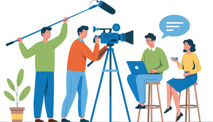 Professional television film crew with camera man and sound engineer recording interview with guest in studio flat vector illustration. © Mousumi