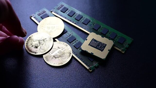Hand placing bitcoin coin near computer hardware representing crypto investment and digital technology
