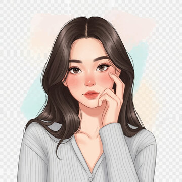 Cartoon woman with long dark hair and hand on face