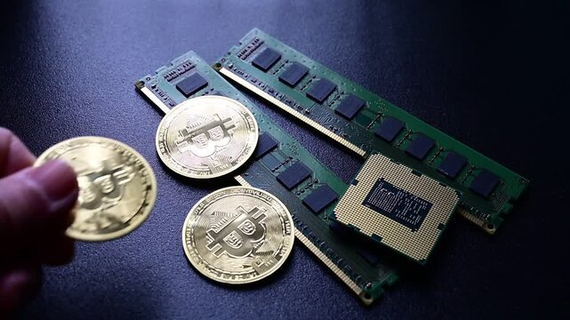 Hand placing bitcoin coin near computer hardware representing digital investment and technology
