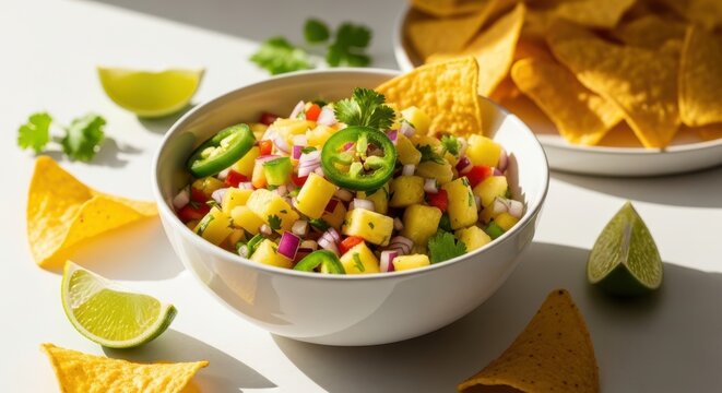 Fresh pineapple salsa with jalapenos, red onion, and cilantro in a white bowl served with tortilla chips and lime wedges
