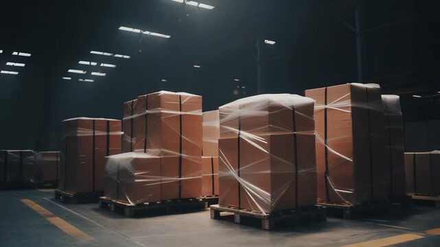 Cardboard boxes neatly stacked on wooden pallets are ready for shipment in a large, dimly lit distribution center, illustrating a secure storage and logistics solution