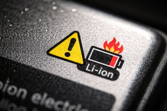 Macro warning icon on lithium ion battery surface highlights fire hazard, product labeling standards, and essential consumer safety communication.