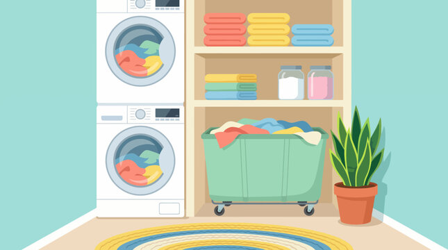 A contemporary laundry room features a stacked washer and dryer, neatly organized shelves filled with towels, and a basket of colorful clothes ready for a wash.